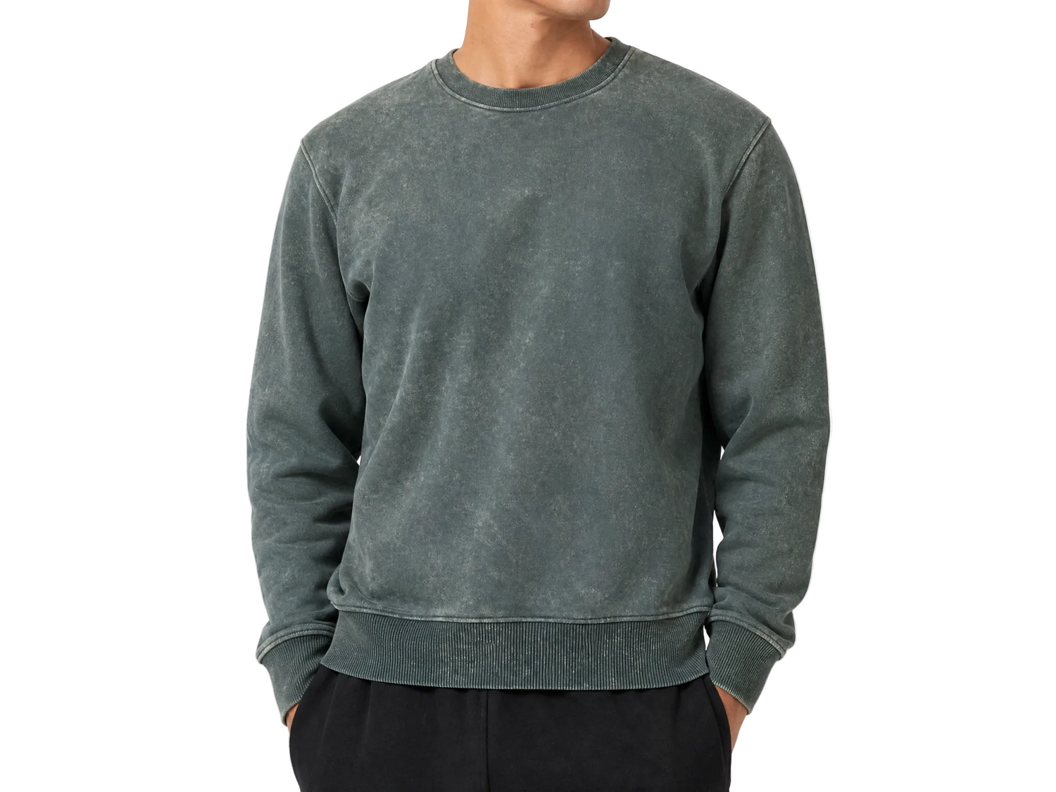 Person wearing a gray sweatshirt on a white background